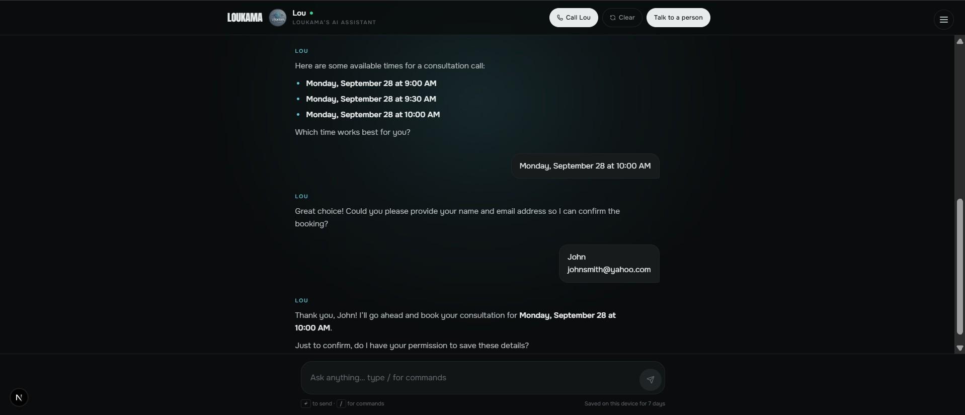 A real conversation with Lou, Loukama's AI agent, offering live calendar times, taking the visitor's details and confirming a consultation booking